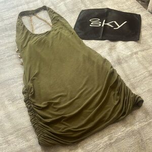 SKY Olive Green Mini Dress with Gold Chain Details